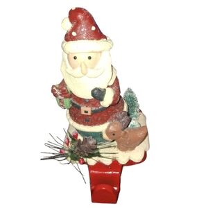 Vintage Santa Claus with A Reindeer Ceramic Stocking Holder Glitter Christmas 5"